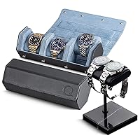 Genuine Leather Watch (Grey/Light Blue) and Watch Stand (Black/Black/Black)