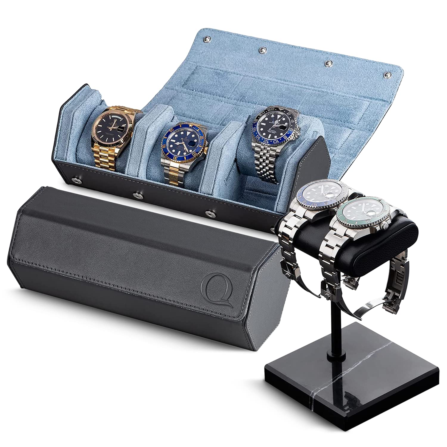 QWATCHBANDS Genuine Leather Watch (Grey/Light Blue) and Watch Stand (Black/Black/Black)