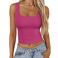 Trendy Queen Womens Square Neck Ribbed Tank Tops Sleeveless Crop Tops Summer Clothes