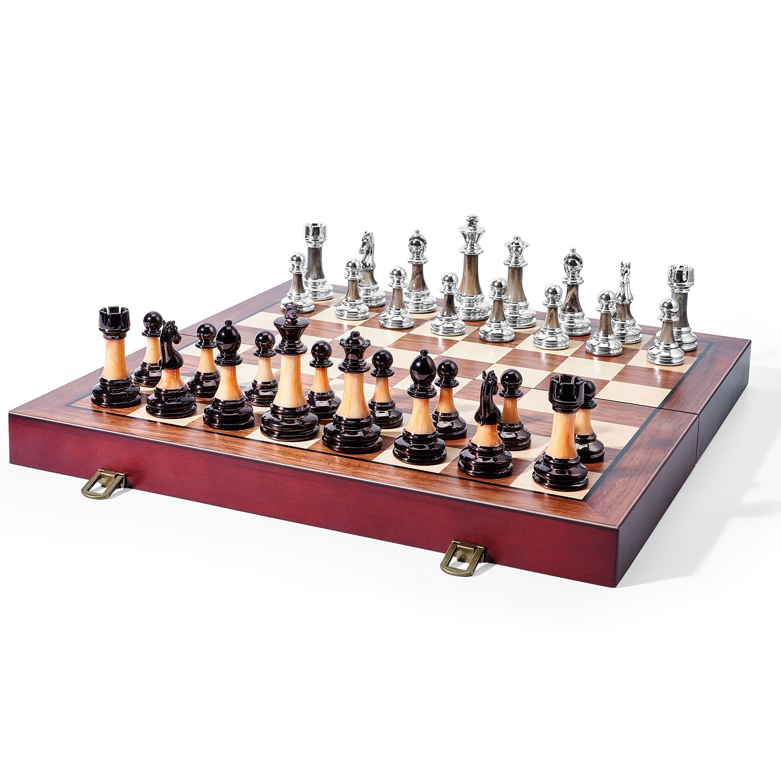 VAMSLOVE Chess Set Large 16''/42cm Folding Wooden Board with Deluxe Weighted Acrylic Chess Pieces - 3.5