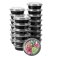FULING 24 oz 50 ct Round Meal Prep Food Storage Containers with Lids To Go Plastic Lunch Plan Box Disposable Take Out Bowls Black BPA Free Reusable Durable Stackable Microwave Freezer Dishwasher Safe