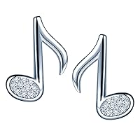 Girl's Solid 925 Sterling Silver Cubic Zirconia Simple Musical Note Ear Stud Earrings