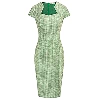Womens Elegant Cap Sleeve Fishtail Midi Tweed Bodycon Dress for Funeral Green (Plaid)