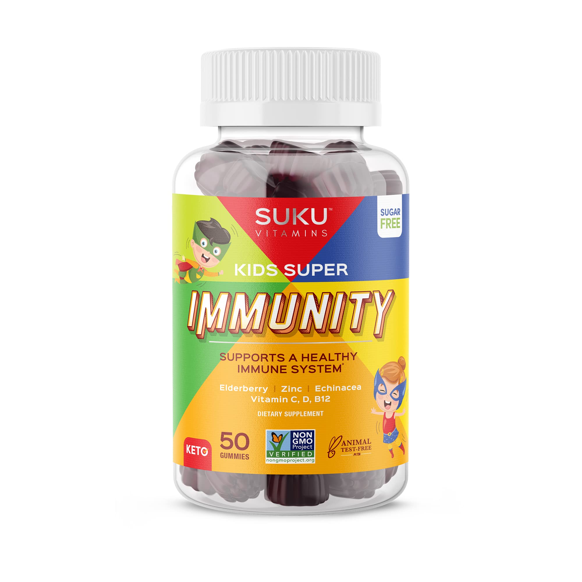 SUKU Vitamins - Kids Super Immunity - Elderberry, Echinacea, Vitamin A and Zinc Gummies for Immune Support - Easy to Chew - Non GMO, Gluten Sugar Free - Pomegranate Lime Gummy Vitamins, 50 Count
