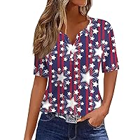 Womens Tops Summer 4Th of July Flag Graphic Tees V Neck Short Sleeve T Shirts Plus Size Button Down Blouses