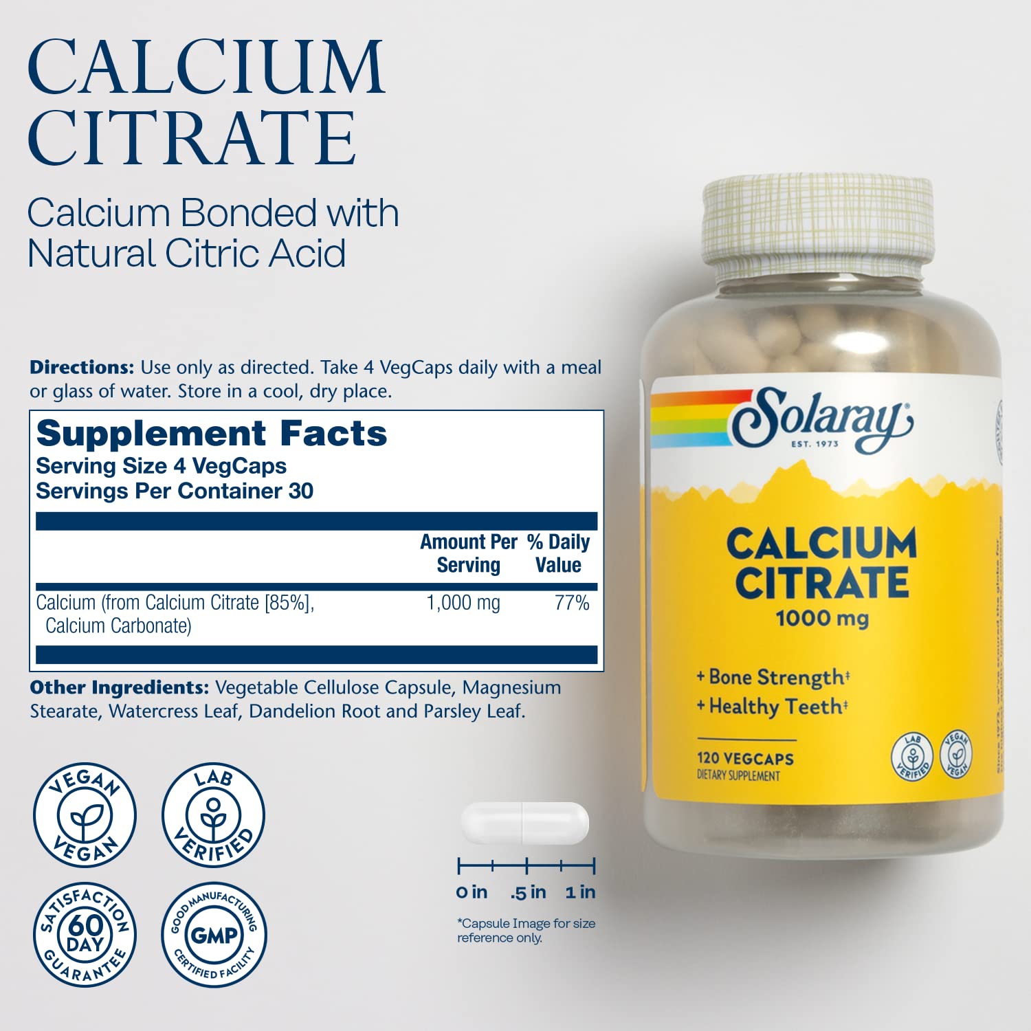 Solaray Calcium Citrate Capsules, 1000mg, 120 Count