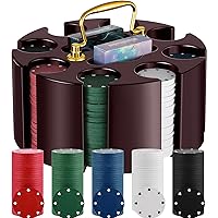 Poker Chips Poker Set, 200 Count Rotating Poker Chip Case Wood Carousel Case Holder with 200 Pcs Chips and 2 Decks of Playing Cards for Casino Party Supplies Family Game Gambling Accessory