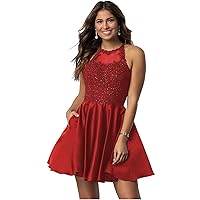 Womens Halter Short Homecoming Dresses Formal Beaded Lace Applique School Dance Cocktail Party Dress for Teen