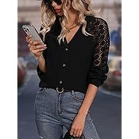 Women's Tops Sexy Tops for Women Women's Shirts Solid Raglan Sleeve Button Up Blouse (Color : Black, Size : Large)