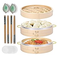 Bamboo Steamer Basket Set 10 inch Steamer for Cooking, with Side Handles Chopsticks Ceramic Sauce Dishes Paper Liners, for Dim Sum Dumplings Buns Seafoods Rice Asian Foods