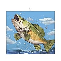Fishing Jumping Out of Water Dish Drying Mat Absorbent Microfiber Dishes Drainer Mats for Kitchen Counter Dish Draining Mat Heat Resistant Dish Rack Mat with Non-slip Rubber Backed