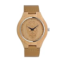 Men's Bamboo Wooden Watch with Brown Cowhide Leather Strap Skull Dial Casual Watches for Women Men