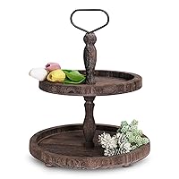 Mustry Rustic Wooden 2 Tiered Tray, Round Farmhouse Kitchen Table Decor Serving Tier Tray, Food Fruits Cupcake Display Coffee Bar Home Party Seasonal Decorations (Brown)