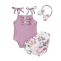 Newborn Baby Girl Cotton Ribbed Ruffled Sleeve Bodysuit Tops + Floral Shorts Baby Girl Summer Clothes Set