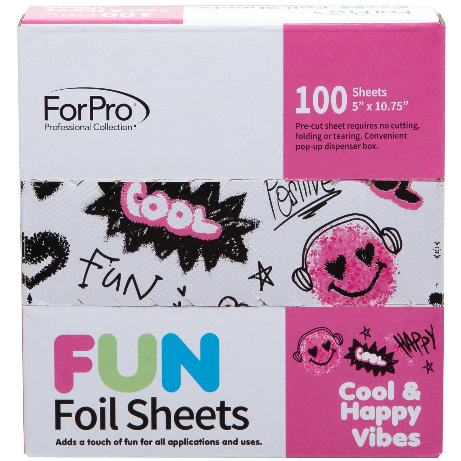 ForPro FUN Cool & Happy Vibes Foil Sheets, Aluminum Foil, Pop-Up Foil Dispenser, Hair Foils for Color Application and Highlighting Services, Food Safe, 5” W x 10.75” L, 100-Count