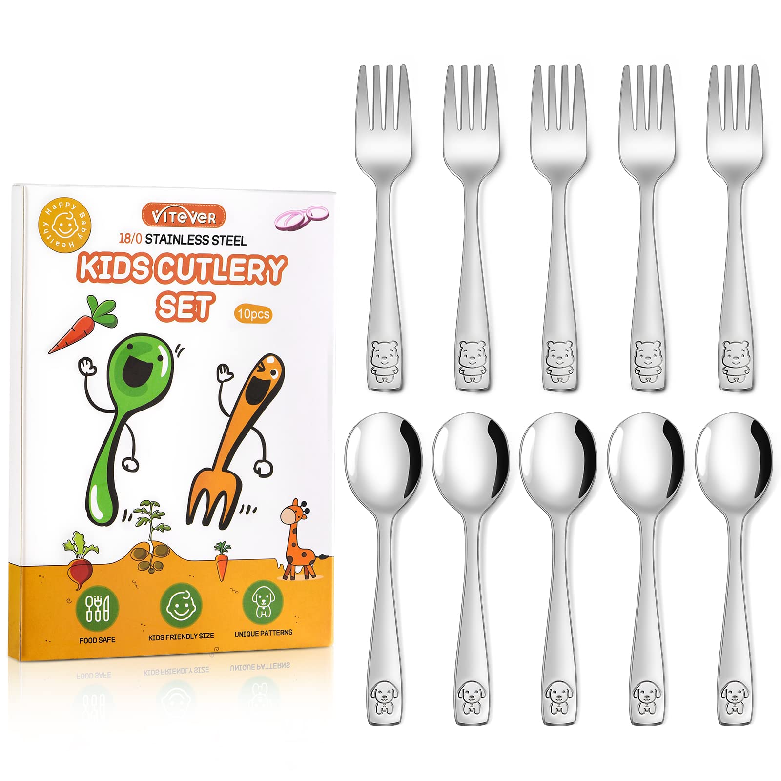 VITEVER 10-Piece Toddler Utensils, Kids Stainless Steel Silverware Set, Children Safe Forks and Spoons - Mirror Polished, Dishwasher Safe