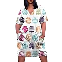 Easter Dress for Women 2024 Cute Print Casual Trendy Loose Fit with Short Sleeve V Neck Pockets House Dresses