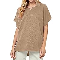 Womens Top Short Sleeve Shirts for Women 2024 Summer Texture Fashion Trendy Loose Fit with V Neck Plus Size Blouses Khaki Medium