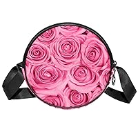 Pink Rose Crossbody Bag for Women Teen Girls Round Canvas Shoulder Bag Purse Tote Handbag Bag