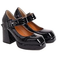 MOOMMO Women Classic Platform Mary Jane Heels Square Toe Chunky High Heel Mary Jane Shoes Ankle Strap Dress Lolita Pumps 4 Inch Block Heel Buckle Strap Sandals Party Casual Wedding Shoes 4-15 M US
