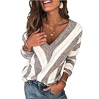Women V-Neck Long-Sleeved Loose Printed Sweater Fashion Striped Color Block Knitted Crew Neck Loose Sweater Jumper