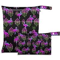 visesunny Purple Flamingo Tropical Pattern 2Pcs Wet Bag Washable Reusable Roomy for Travel,Beach,Pool,Daycare,Stroller,Diapers,Dirty Gym Clothes, Wet Swimsuits, Toiletries