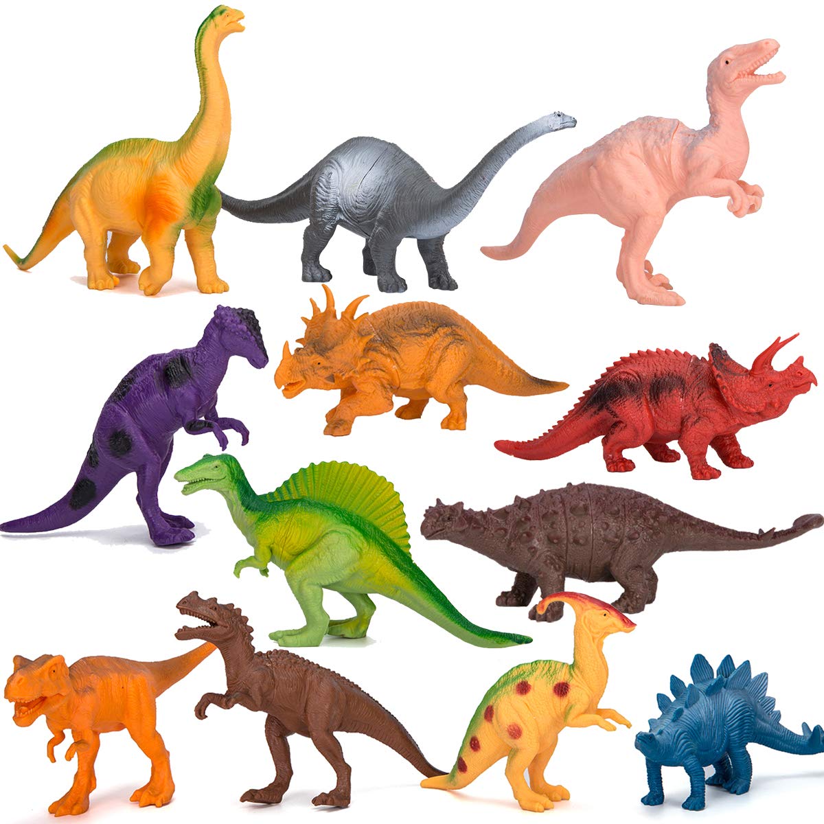 Kids Dinosaur Figures Toys, 7 Inch Jumbo Plastic Dinosaur Playset, STEM Educational Realistic Dinosaur Figurine for Boys Girls Toddlers Including T-Rex, Stegosaurus, Triceratops, Monoclonius, 12 Pack