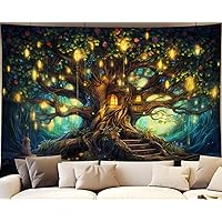 QGHOT Fantasy Forest Tapestry, Fairy Tree Nature Tapestry Wall Hanging, Trippy Tree Life Enchanted Tapestries for Bedroom Aesthetic Kids Teen Dorm Living Room Dark Academia Wall Decor (A,Small29×37 inch)