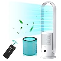 ULTTY Bladeless Tower Fan and Air Purifier 2-in-1, H13 HEPA Filter 99.97% Smoke Dust Pollen Dander, Oscillating Tower Fan with Remote Control CR022D, White