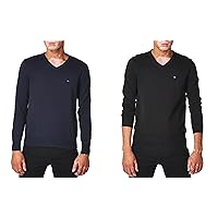 Tommy Hilfiger Men’s Essential Long Sleeve Cotton V-Neck Pullover Sweater (Navy/Black Bundle)