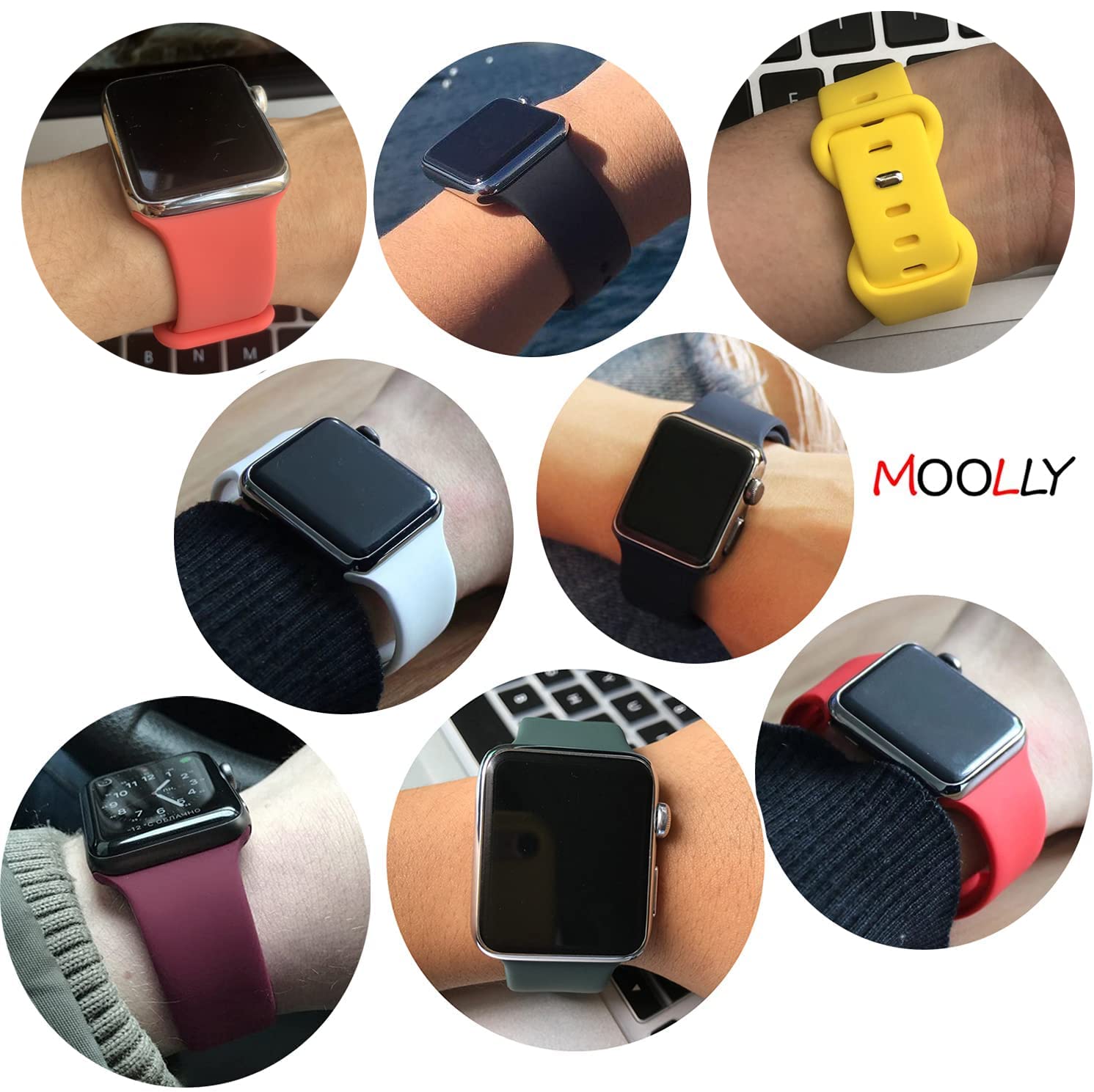 MOOLLY Band Compatible with Apple Watch Band 38mm 40mm 41mm 42mm 44mm 45mm 49mm, Soft Silicone Watch Strap Replacement Sport Band for iWatch Band Ultra SE Series 8/7/6/5/4/3/2/1 Sport & Edition (8 Pack, 38mm/40mm/41mm S/M)
