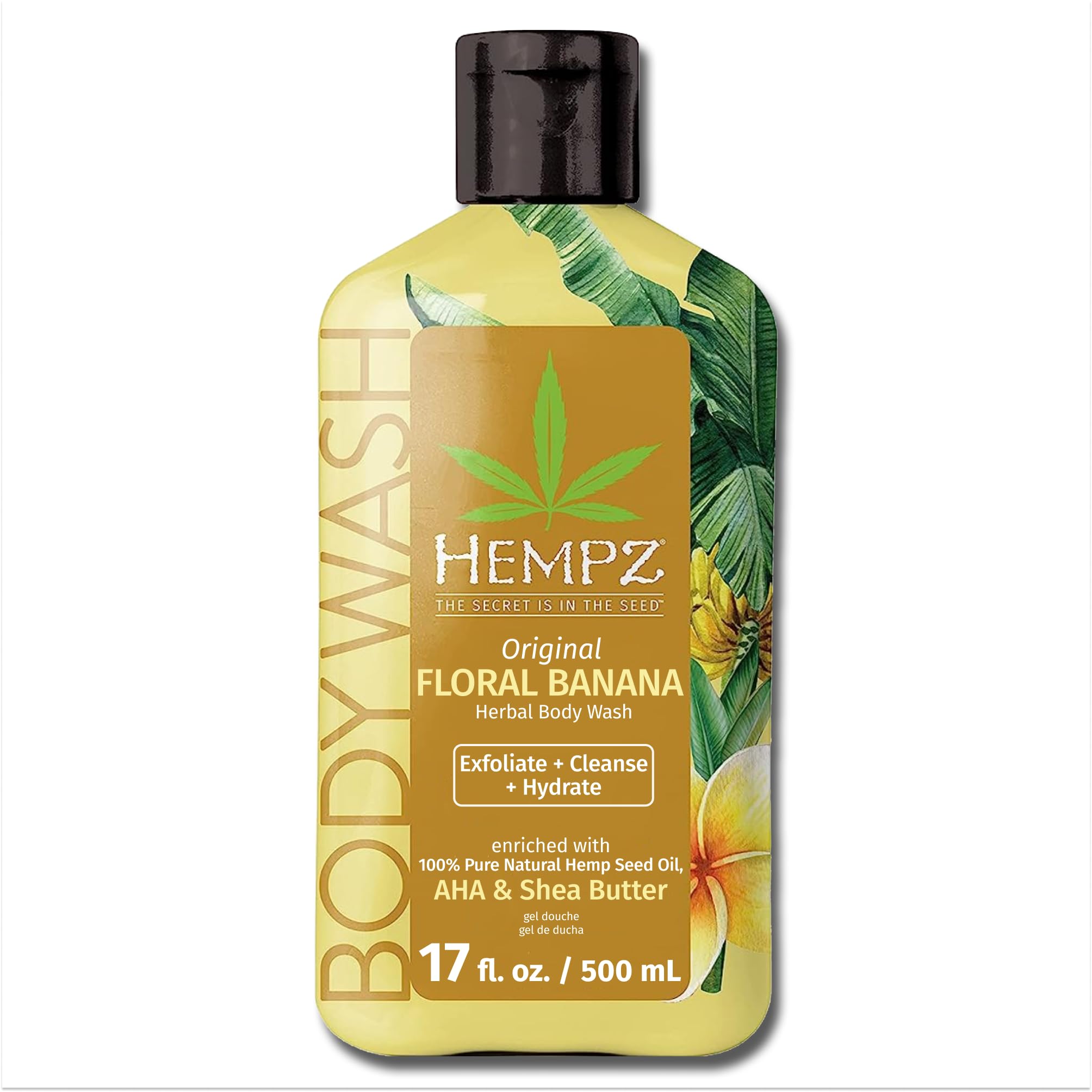 Hempz Body Wash - Original Floral & Banana - Hydrating for Sensitive Skin, Scented, Exfoliating with Shea Butter, Pure Hemp Seed Oil, and Algae for Sensitive Skin - 17 fl oz