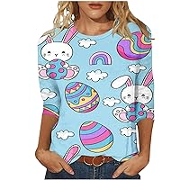 Western Easter Tops for Summer Easter Rabbit Bunny T Shirt Comfy 3/4 Sleeve Crewneck Blouses Ladies Fashion Workout Top