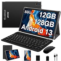 2024 Newest 10 Inch Tablet Android 13 Tablets with Keyboard, 12GB RAM 128GB ROM 512GB Expand, Octa-Core, 5G/2.4G WiFi, HD IPS Display, 8000mAh Tablet PC with Case Mouse GPS Split Screen Support-Black
