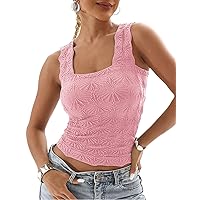 Square Neck Wide Straps Sleeveless Tank Top Floral Textured Slim-Fit Vest Causal Summer Going Out Crop Tops