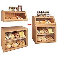 X-cosrack 3-Tier Large Double Separable Bamboo Bread Box Storage with Clear Window and Adjustable Compartment for Kitchen Countertop,Natural