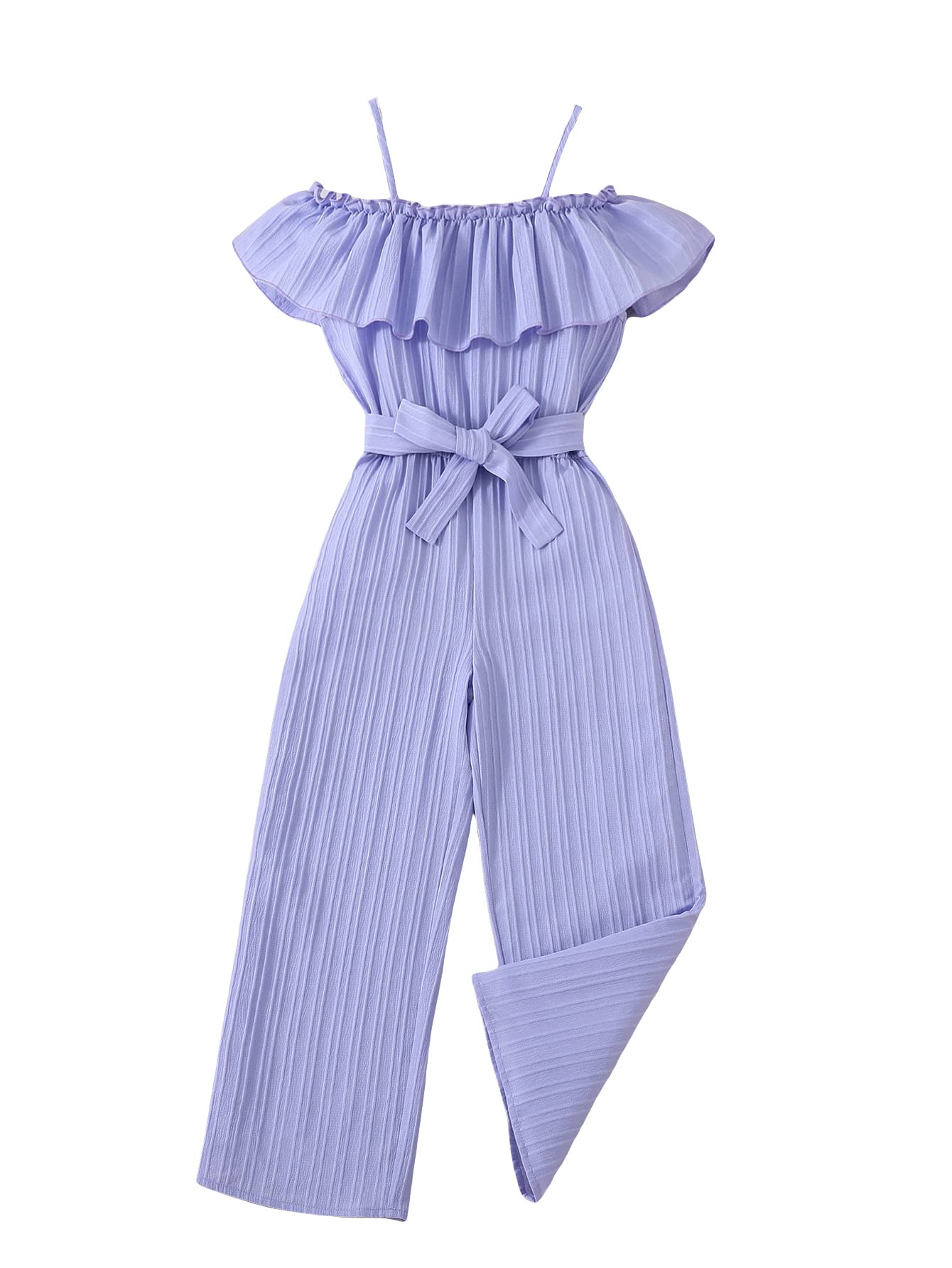 WDIRARA Girl's Ruffle Trim Cold Shoulder Short Sleeve Belted Wide Leg Jumpsuit Pants