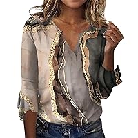 3/4 Tops for Women Relaxed Fit V Neck Shirt Trendy Three Quarter Sleeve Shirts Summer Casual Tunics Print Blouses