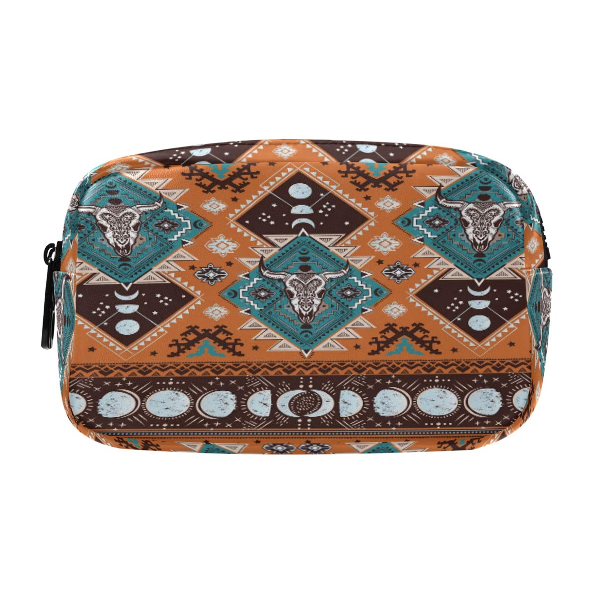 ALAZA Indian Tribal Aztec Ornament Geometric Pattern with Skulls Cosmetic Bag Leather Pencil Case Waterproof Portable Travel Makeup Pouch with Zipper for Women