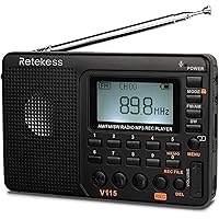 Retekess V115 Digital Radio AM FM, Portable Shortwave Radios, Rechargeable Radio Digital Tuner and Presets, Support Micro SD and AUX Record, Bass Speaker Black