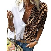 Andongnywell Women's Long Sleeve V Neck Button Down Shirt Leopard Print Chiffon Blouse Tops Loose Shirt