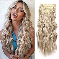 NAYOO Clip in Hair Extensions for Women 20 Inch Long Wavy Curly Ash Brown Mix Platinum Blonde Hair Extension Full Head Synthetic Hair Extension Hairpieces (6PCS, Ash Brown Mix Platinum Blonde)
