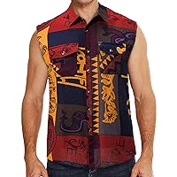 Men's Muscle Fit Sleeveless Shirt Vintage Ethnic Print Flannel Shirt, Casual Button Down Shirts Vest
