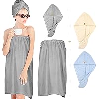 Women Microfiber Bath Wrap Towel and Hair Drying Towel Set (Grey) and 2packs Microfiber Hair Towel (Yellow, Blue) with Discount