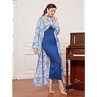 Two Piece Outfits for Women Floral Print Open Front Coat & Halter Dress (Color : Blue, Size : Large)