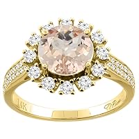 PIERA 14K Gold Natural Morganite Ring Round 8 mm Diamond Accents, sizes 5-10