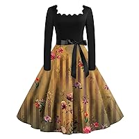 Women's Long Sleeve Dresses Fashion Round Neck Casual Slim Fit Printed Dress Pretty Garden, S-2XL