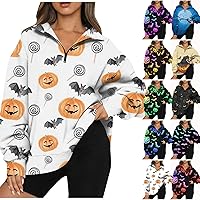 XHRBSI Women Half Zip Oversized Sweatshirts Halloween Print Long Sleeve Drop Shoulder Fleece Workout Hoodies Sweatshirt Top