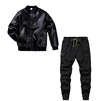 TLAENSON Bomber Boys Leather Jackets+Thick Twill Boys Joggers Cargo Pants 10-11 Years