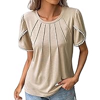 Summer Pleated Tops for Women Cute Lace Crochet Short Sleeve Casual Slim Fit Crew Neck T-Shirts Ladies Fashion Blouse